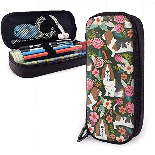 Estuche para lápices Bolsa de lápices de gran capacidad Estuche para lápices de maquillaje Papelería duradera para estudiantes con doble cremallera Porta bolígrafos, Basset Hound Dog Floral