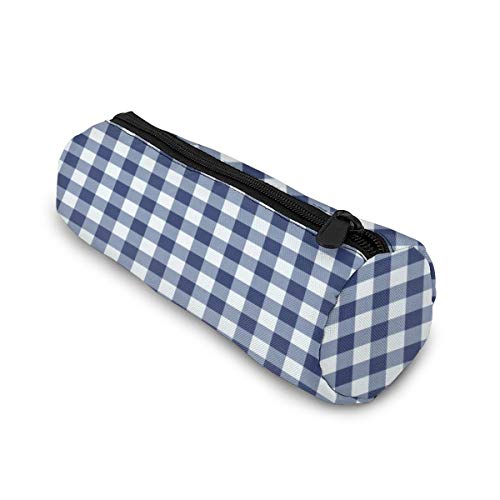 Estuche para lápices, color azul oscuro y blanco Vichy Plaid Pen Papelería, bolsa de cosméticos, bolsa de cosméticos, bolsa cilíndrica para estudiantes, oficina, universidad