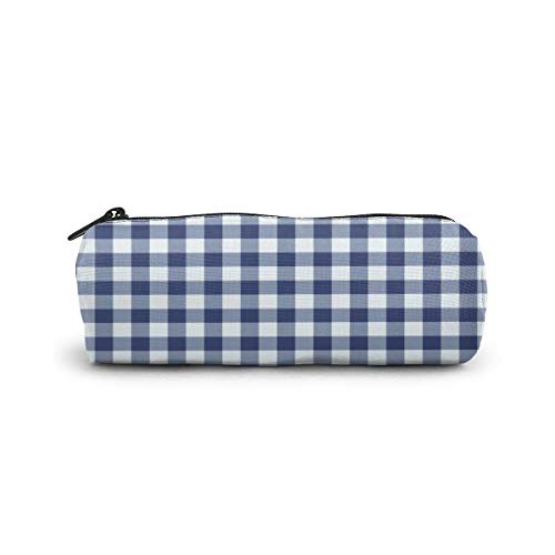 Estuche para lápices, color azul oscuro y blanco Vichy Plaid Pen Papelería, bolsa de cosméticos, bolsa de cosméticos, bolsa cilíndrica para estudiantes, oficina, universidad