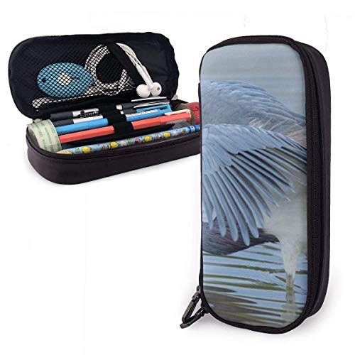 Estuche para lápices de cuero Pu Bird Great Blue Heron, estuche para bolígrafos de gran capacidad, organizadores de papelería para estudiantes con cinturones elásticos de doble cremallera