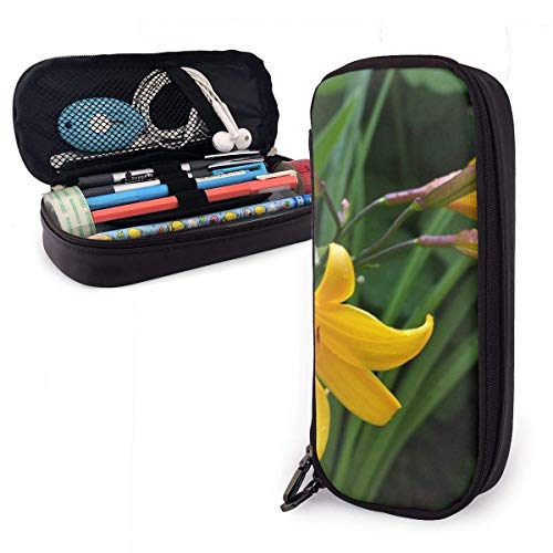 Estuche para lápices de cuero PU Fragrant Flower One, organizadores de papelería duraderos para estudiantes con doble cremallera para la oficina de la escuela 1.5inx3.5x8 in
