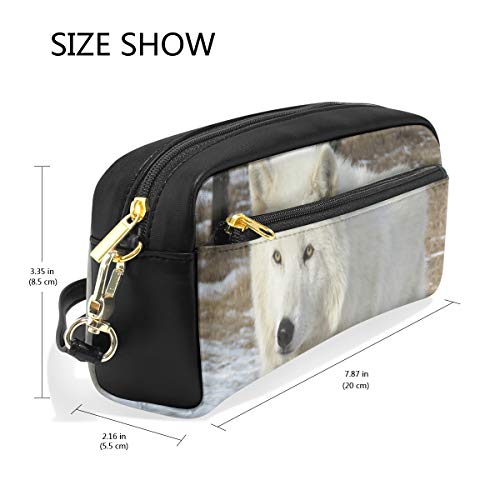 Estuche para lápices, diseño de lobo ártico, con compartimentos para la escuela, estudiante, piel, bolsa de cosméticos