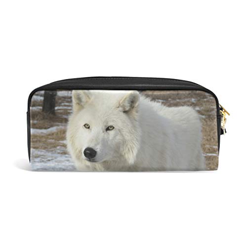 Estuche para lápices, diseño de lobo ártico, con compartimentos para la escuela, estudiante, piel, bolsa de cosméticos