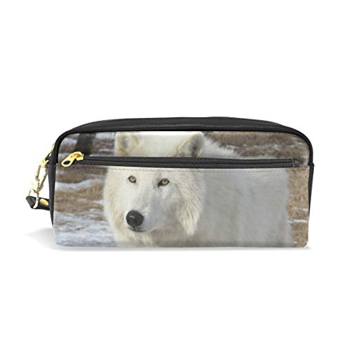 Estuche para lápices, diseño de lobo ártico, con compartimentos para la escuela, estudiante, piel, bolsa de cosméticos