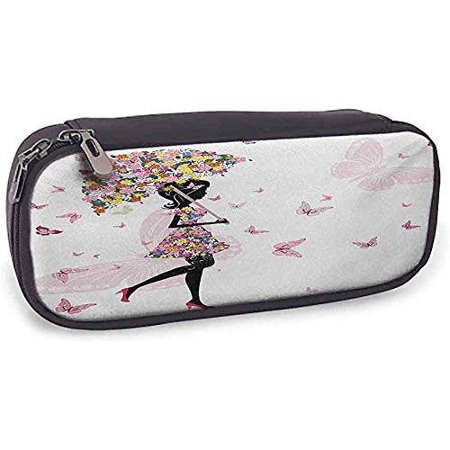 Estuche para lápices Niña con paraguas y vestido de flores Caminando con mariposas Inspirado Rosa Negro
