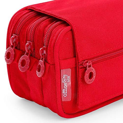 Estuche Portatodo Triple de Amplios Apartados Interiores con Tres Cremalleras para Material Escolar o Neceser. Rojo