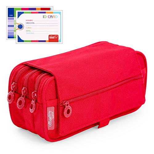 Estuche Portatodo Triple de Amplios Apartados Interiores con Tres Cremalleras para Material Escolar o Neceser. Rojo
