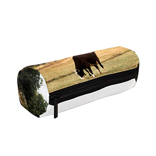 Estuche redondo para lápices con estuche de almacenamiento para papelería, organizador de monedas, bolsa de maquillaje, suministros para estudiantes para escuela, trabajo, oficina, marrón