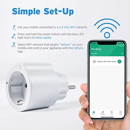 ETEKCITY ESW01-EU Enchufe WiFi Inteligente Programable, Interruptor y Temporizador WiFi, Monitor de Energía, Compatible con Alexa, Google Home, IFTTT y VeSync para iOS y Android, 2300W (2 Pack)