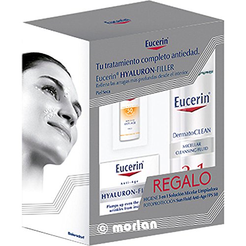 Eucerin PACK Hyaluron Filler Antiarrugas Día PSeca, 50ml+REGALO DermatoClean Solución Micelar, 200ml+Sun Fluid Antiage SPF50, 5ml