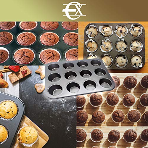 EUROXANTY® Moldes de Horno para 12 Magdalenas y Muffins | Acero al Carbono con Recubrimiento Antiadherente Fácil Limpieza