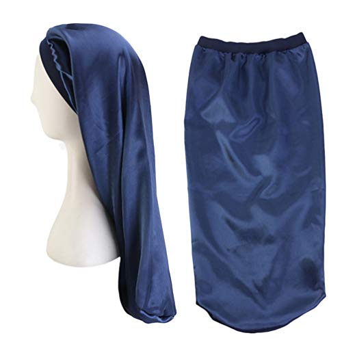 EXCEART 3 Piezas de Gorro de Dormir de Satén Largo Gorro de Noche Sedoso Banda Elástica para Mujeres Trenzas Rizadas Rastas Pelo Largo Negro Azul Marino Dorado