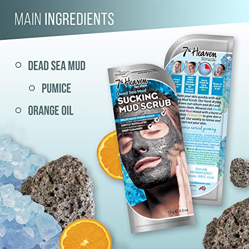 Exfoliante de lodo del Mar Muerto 7th Heaven para hombres con sal del Mar Muerto y aceite de naranja para limpiar y exfoliar poros, ideal para todo tipo de piel