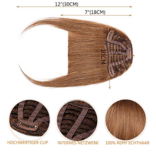 Extensiones de Cabello Natural Clip Flequillo Postizo Pelo Natural Humano 100% Remy Una Pieza 3 Clips Accesorios Postizos para Mujer (30cm,25g,#6 Castaño Claro)