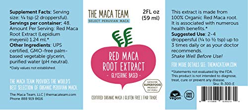 Extracto de Maca Roja Líquida BIO, 59 ml, libre de alcohol, comercio Justo, elaborado a partir de Raices de Maca orgánica roja cultivada en Perú de forma tradicional, sin Gluten y Vegana.
