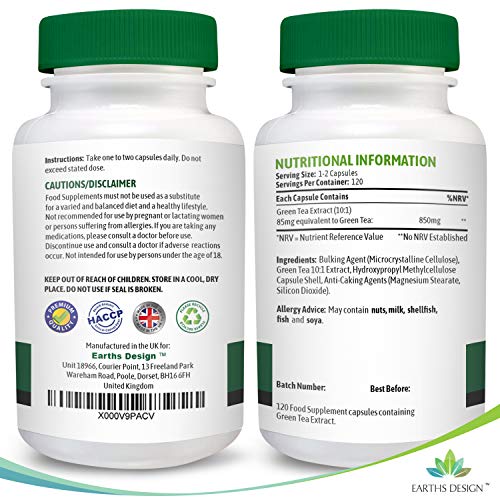 Extracto de Té Verde - 850mg - Con EGCG - Máxima Concentración - Para Hombres y Mujeres - 120 Cápsulas (Suministro Para 4 Meses) de Earths Design