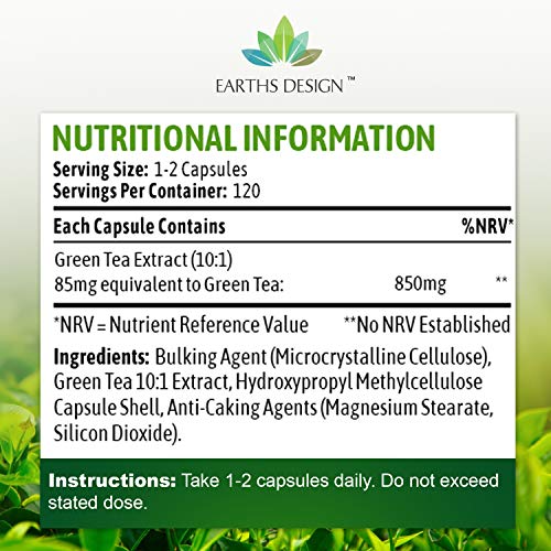 Extracto de Té Verde - 850mg - Con EGCG - Máxima Concentración - Para Hombres y Mujeres - 120 Cápsulas (Suministro Para 4 Meses) de Earths Design