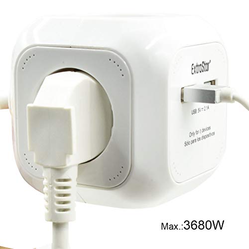 Extrastar PowerCube (Extended USB 1.5 m) Regleta de 4 Salidas, con 2 para Carga de USB 5V Blanco (Blanco)