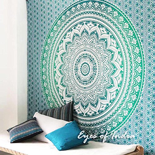 Eyes of India - Hippie Indio Mandala Tapiz Decoración de Pared Dormitorio Bohemio Decorativo - Verde #1, 84 X 94 in. (213 X 238 cm)