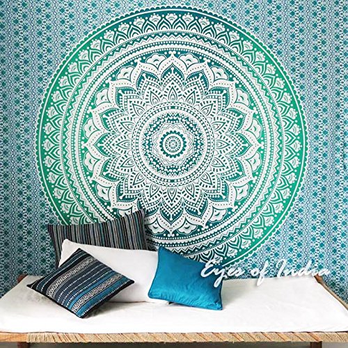 Eyes of India - Hippie Indio Mandala Tapiz Decoración de Pared Dormitorio Bohemio Decorativo - Verde #1, 84 X 94 in. (213 X 238 cm)