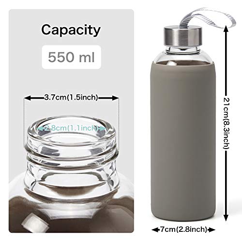 EZOWare Botella de Agua de Cristal, 550ml Sport Botella Reutilizable de Vidro Borosilicato con Funda Siliconia y Tapa de Acero Inoxidable - Gris