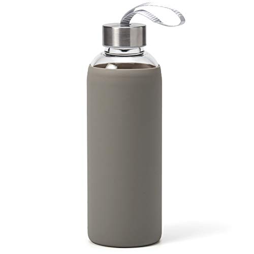 EZOWare Botella de Agua de Cristal, 550ml Sport Botella Reutilizable de Vidro Borosilicato con Funda Siliconia y Tapa de Acero Inoxidable - Gris