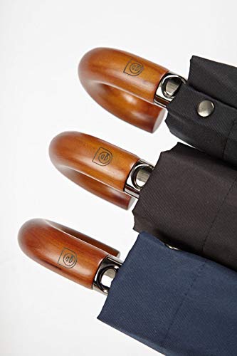 EZPELETA Paraguas Plegable de Hombre. Paraguas con Funda. Automático y con puño Curvo de Madera. Tejido Liso - Marrón