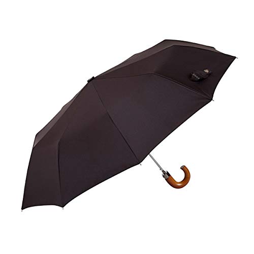 EZPELETA Paraguas Plegable de Hombre. Paraguas con Funda. Automático y con puño Curvo de Madera. Tejido Liso - Marrón