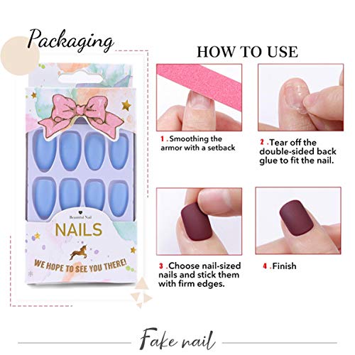 Fairvir Fashion - Juego de uñas postizas para mujer y niña (24 unidades), color azul mate