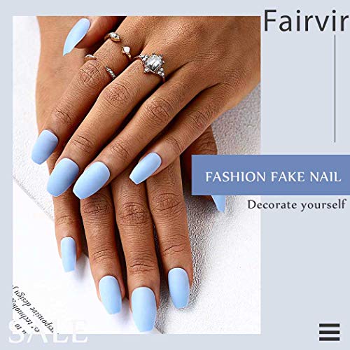 Fairvir Fashion - Juego de uñas postizas para mujer y niña (24 unidades), color azul mate