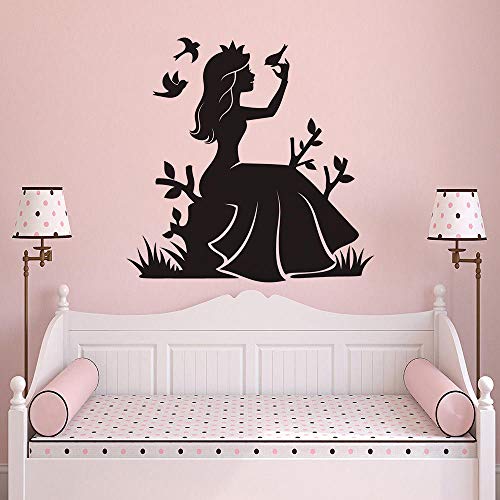 Fairy Girl Vinyl Wall Sticker Princesa con pájaros Tatuajes de pared Niñas Decoración infantil Nursery Alice With Crown Mural de pared 57 * 57cm