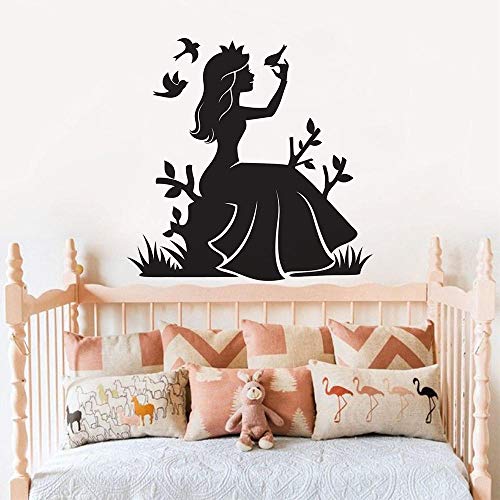 Fairy Girl Vinyl Wall Sticker Princesa con pájaros Tatuajes de pared Niñas Decoración infantil Nursery Alice With Crown Mural de pared 57 * 57cm