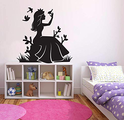 Fairy Girl Vinyl Wall Sticker Princesa con pájaros Tatuajes de pared Niñas Decoración infantil Nursery Alice With Crown Mural de pared 57 * 57cm