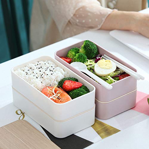 Fambrera Infantil, Lunch Box, 1200ml Fiambrera con Lonchera Doble, Cuchara Tenedor Lonchera, Bento Box Sostenible, para Microondas y Lavavajillas (Rosado)
