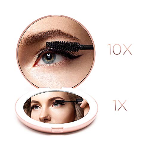 Fancii Espejo Maquillaje de Bolsillo con Luz LED Natural, Aumento 1x y 10x - 102 mm Pequeño Espejo Compacto Iluminado para Bolsos y Viajar, Oro Rosa (Mini Lumi)