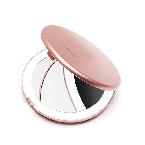 Fancii Espejo Maquillaje de Bolsillo con Luz LED Natural, Aumento 1x y 10x - 102 mm Pequeño Espejo Compacto Iluminado para Bolsos y Viajar, Oro Rosa (Mini Lumi)