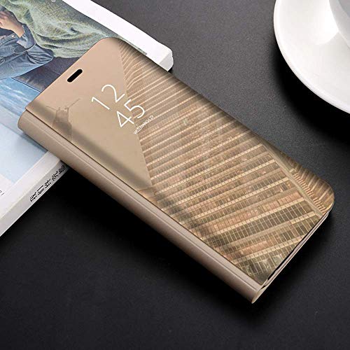 FANFO Samsung Galaxy A7 2018 Funda - Modelo Inteligente Fecha/Hora Ver Espejo Brillante tirón del Caso Duro con para el Samsung Galaxy A7 2018, Oro