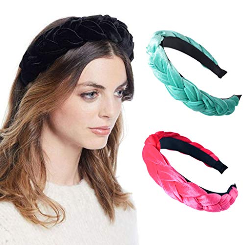 FATTERYU Tejido Hecho a Mano Coreano Banda Ancha Trenzada étnica Mujeres Chica Espesar Velvet Hair Hoop Glitter Color sólido DIY Styling Headpiece