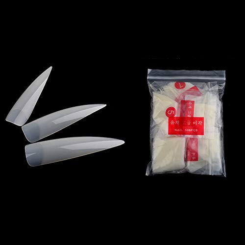 Fautly - Juego de 500 uñas postizas para decoración de uñas de Stiletto, con media cubierta, color natural, transparente y afilado, para decoración de uñas, herramientas de manicura, 10 tamaños