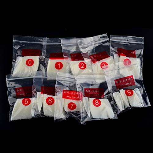 Fautly - Juego de 500 uñas postizas para decoración de uñas de Stiletto, con media cubierta, color natural, transparente y afilado, para decoración de uñas, herramientas de manicura, 10 tamaños