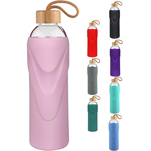 FCSDETAIL Botella de Agua de Cristal sin BPA, Botella de Agua de Vidrio de Borosilicato con Funda de Silicona con Tapa de Bambú 420ml / 660ml / 1000ml