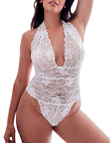 FeelinGirl Mono Éroctico Sexy Lencería de Mujer Ropa Intima Femenina Transparente Encaje Floral Blanco L