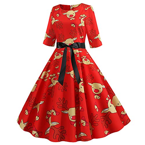 FeelinGirl Mujeres Vestido Cóctel de Fiesta Navidad Skater Estampado Falda con Manga Media Cuello Redondo Nochebuena Violeta M/Talla 38