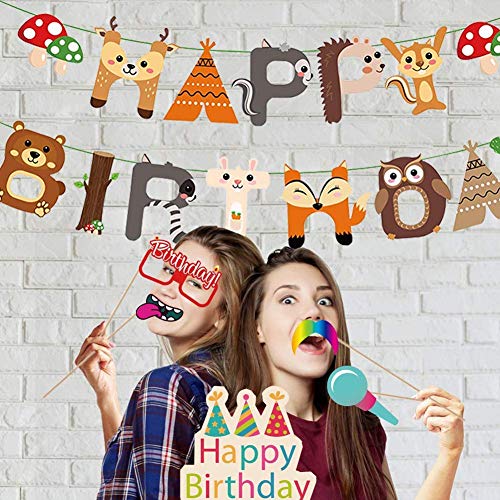 Feicuan Selva Fiesta de cumpleaños Decoración, Woodland Animales Globos Birthday Bandera Pompones Pastel Toppers Mapache Zorro Party para Niño Niña Safari Forestales Fiesta de cumpleaños Baby Shower