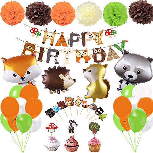 Feicuan Selva Fiesta de cumpleaños Decoración, Woodland Animales Globos Birthday Bandera Pompones Pastel Toppers Mapache Zorro Party para Niño Niña Safari Forestales Fiesta de cumpleaños Baby Shower