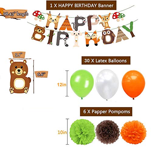 Feicuan Selva Fiesta de cumpleaños Decoración, Woodland Animales Globos Birthday Bandera Pompones Pastel Toppers Mapache Zorro Party para Niño Niña Safari Forestales Fiesta de cumpleaños Baby Shower