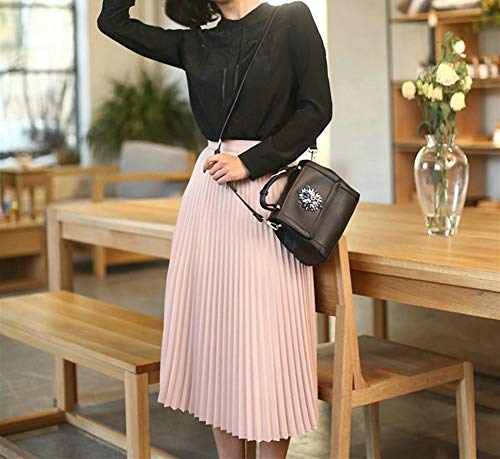 FEIFUSHIDIAN Piel La Primavera y el otoño Las Nuevas Mujeres de la Moda de Talle Alto Plisado Color sustancial Mitad de la Longitud de la Falda elástico Promociones Pink Lady Negro Toque