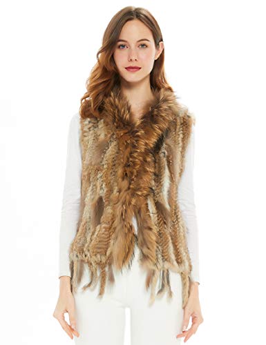 Ferand - Chaleco de Piel de Conejo Auténtico de Punto Adornada con Piel de Mapache - Chaqueta sin Mangas para Mujer Natural L