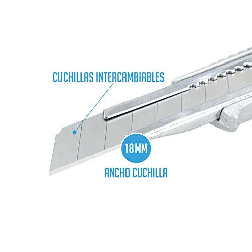 Ferrestock FSKTW118 cúter metálico Profesional Extra Resistente Fabricado en Aluminio, Hoja Acero Inoxidable de 18mm, Sistema de Bloqueo y Cuchillas Intercambiables