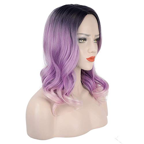 FESHFEN Pelucas Bob Cortas Pelo Natural Onduladas Ombre Lila a Rosa Claro, 45 cm Short Bob Wig Cosplay Parte Halloween Pelucas Mujer Niña Peluca Sintética Curly Wavy Wigs
